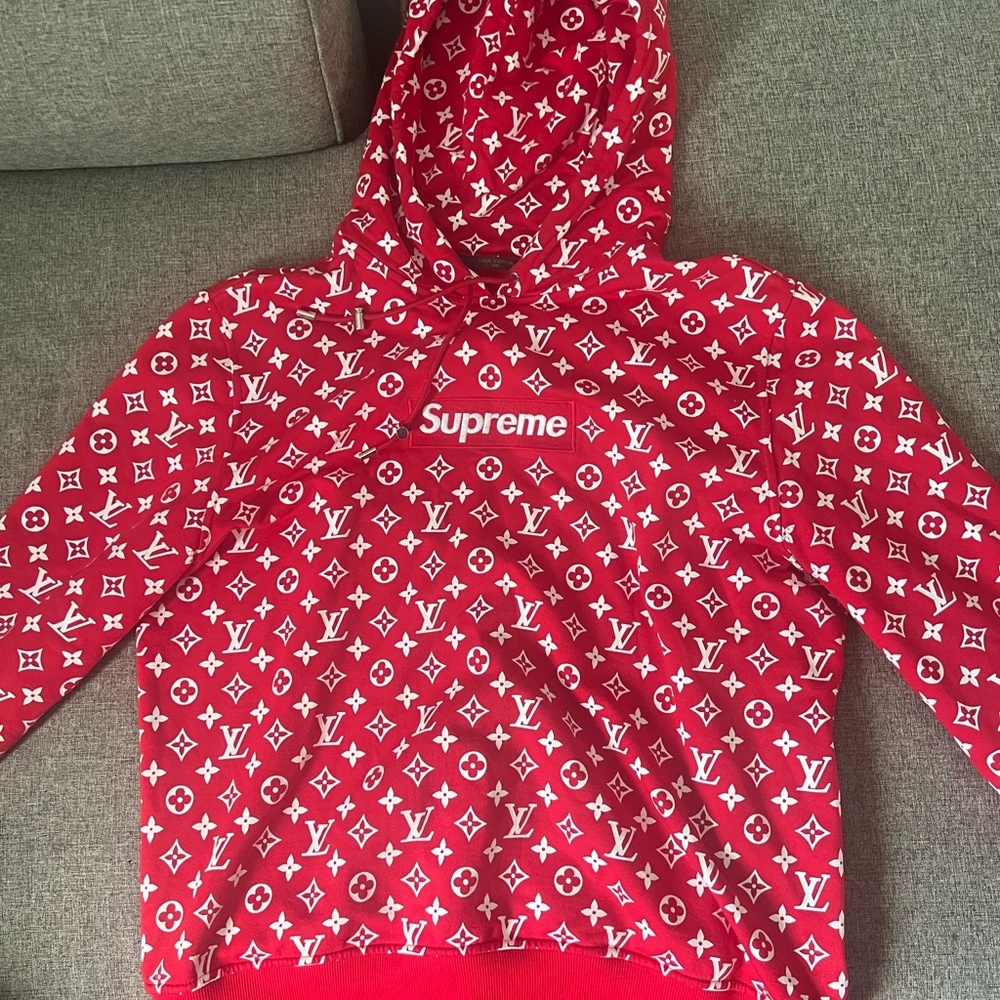 Supreme x Louis Vuitton Red and White Logo Hoodie